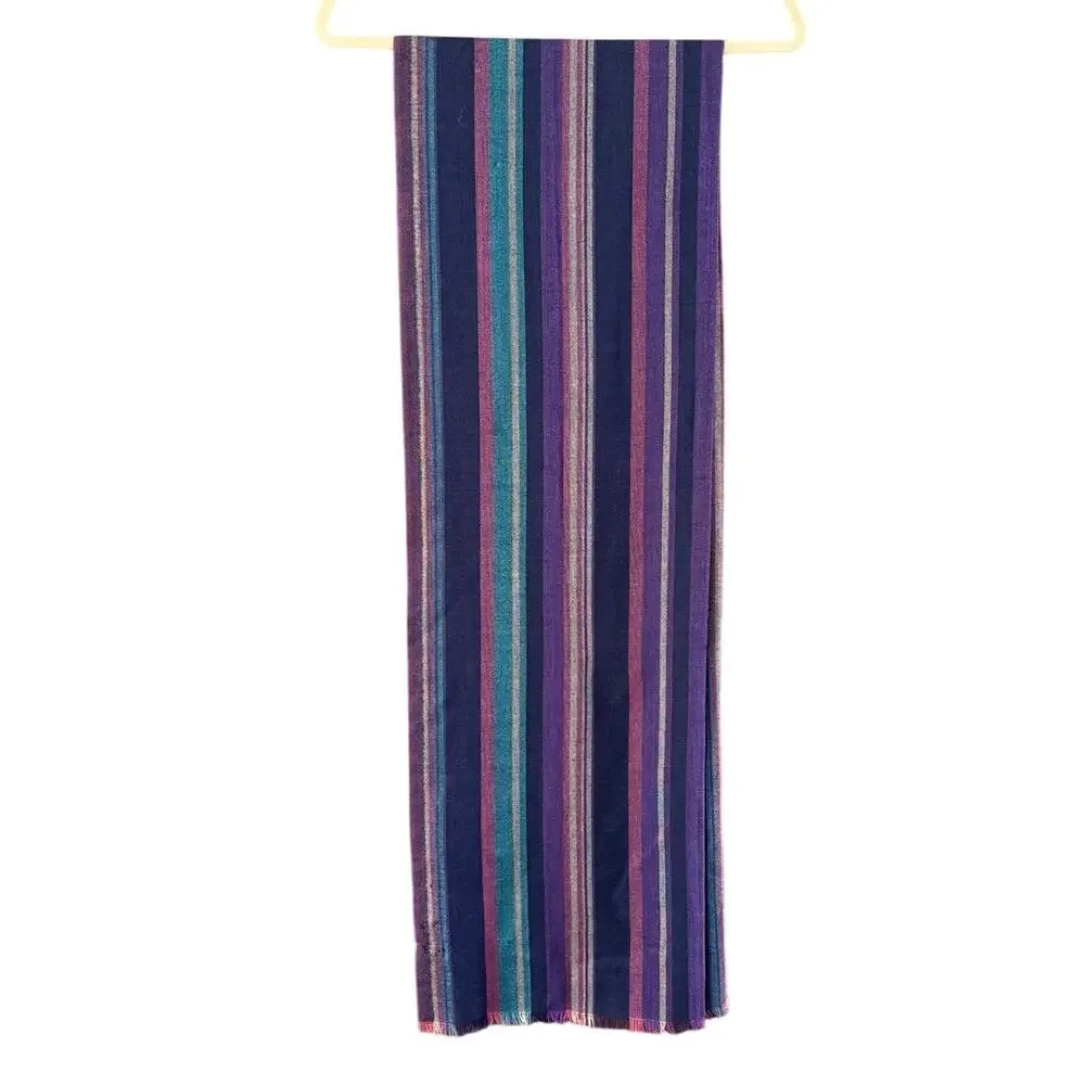 ETRO Italy Striped Scarf Purple Teal Wool Silk Cashmere Fringe Embroidered Logo